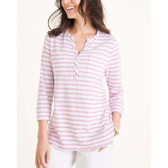Chico's The Ultimate Tee Pink Henley Pockets 3/4 Sleeve Top Womans Size Medium - Picture 1 of 7